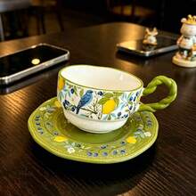 1 Set Vintage Floral & Bird Pattern Ceramic Coffee Cup With Tray, Embossed Wavy Edge Coaster, European Retro Afternoon Tea Cup, Home Breakfast Latte Milk Cup, Coffee Shop Hotel Tabletop Decor, Perfect Birthday Gift For Women - Multicolor - View 7