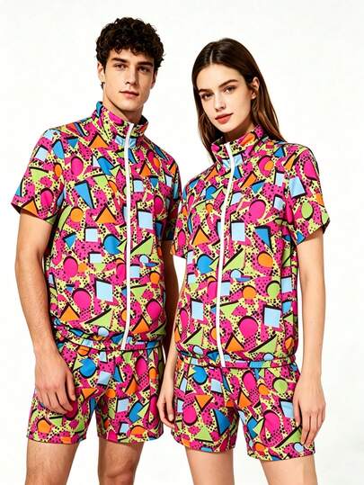 Set van 2 stuks (T-shirt + korte broek), exclusief modieuze bril, sportshirt en korte broek in discostijl uit de jaren 80, retro joggingoutfit