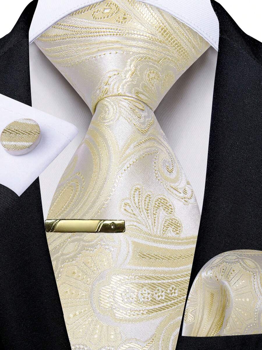 Full Paisley Print Champagne Necktie Matching Hanky Cufflinks Tie Clip Suit Pack For Luxury Yacht Evening Party - Champagne - View 1