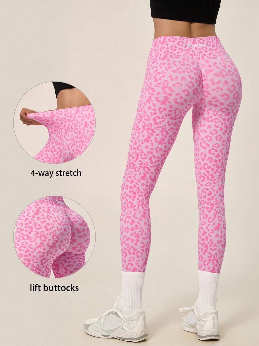 TimeOff Women's 1pc Leopard Print Seamless Tight Leggings - Hot Pink - View 1