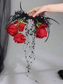 1pc Gothic Red Rose Handheld Flower Hoop Bouquet Elegant Black Bead Tassel Spider Floral Ring For Bridal Cosplay Party - Black and Red - View 2