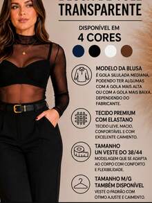 KIT 3 Women's Elegant And Modern Long Sleeve Tulle Blouses Brown/Black/Navy Blue Faux Collar - 三件套 - 棕色/黑色/藍色 - 查看 3