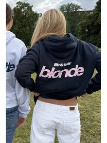 Oversized Fleece Hoodie - Life Is Better Blonde Graphic Back Print - Black - View 2