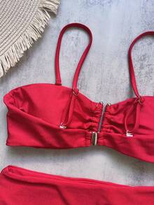 Women's Solid Color Bandeau Tie Up Metal Decor Bikini Swimwear Set Vacation Beach Summer Red - Red - View 6