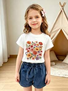 Summer And Autumn Cotton Short-Sleeved T-Shirt For Girls, Featuring A Hand-Painted Wildflower Bouquet Print In A Cute And Sweet Style - White - View 3