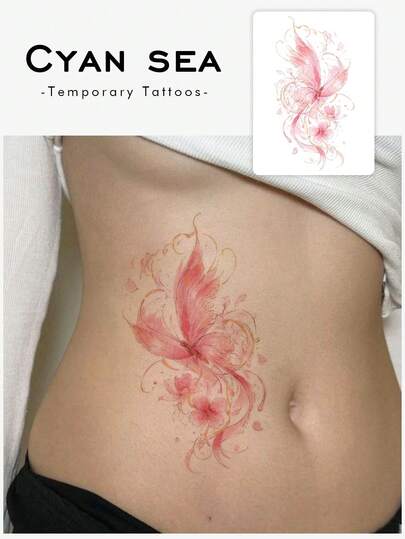 1pc Pink Gold Ink Wash Butterfly Peach Blossom Slim Vertical Strip Temporary Tattoo Sticker, Realistic Fake Tattoo Design, Suitable For Daily Bachelorette Party Favors, Music Festivals, Gaming, Graduation Gifts, Lasts 3-5 Days