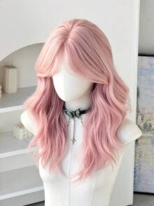 20 Inch Medium Length Pink Curly Wig For Women Shoulder Length Wavy Wigs With Curtain Bangs, Natural Synthetic Heat Resistant Fiber Hair Wig For Girls Daily Party Use - Multicolor - View 4