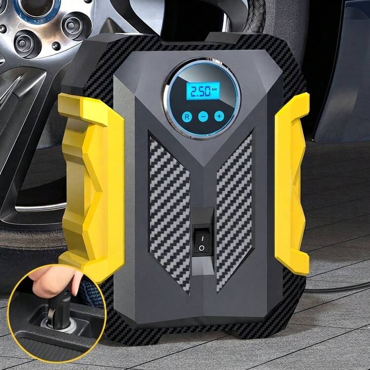 Carsun 12V 150Psi 便携式车载空气压缩机，有线数显轮胎充气泵，带LED灯的自行车充气泵 - 黃色 - 查看 1