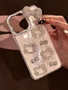 1pc Silver Glitter Epoxy Sanrio Cartoon 3D Rhinestone Bow Hello Kitty Full Coverage Luxury TPU Shockproof Phone Case Protective Cover For Women, Compatible With IPhone 11/12/13/14/15/16/17/PROMAX - Silver - View 4
