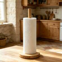1pc Modern Bamboo Paper Towel Holder, Self-Adhesive Countertop Storage Rack With Wooden Support, Space-Saving Organizer For Kitchen And Bathroom - Multicolor - View 1