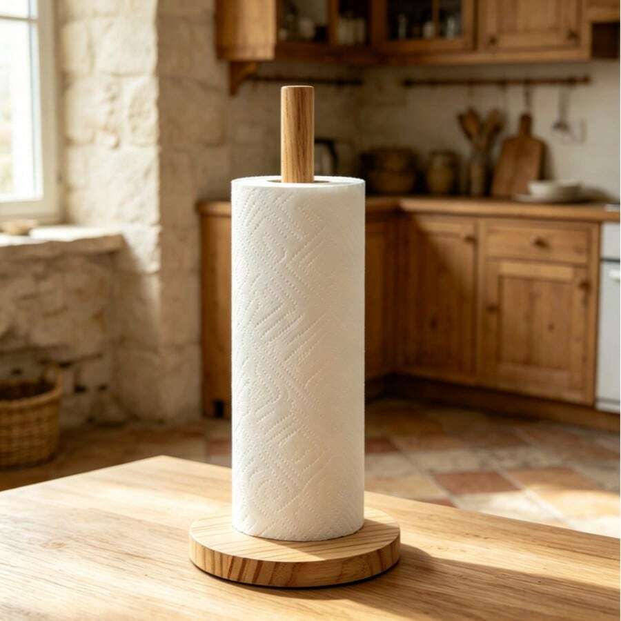 1pc Modern Bamboo Paper Towel Holder, Self-Adhesive Countertop Storage Rack With Wooden Support, Space-Saving Organizer For Kitchen And Bathroom - Multicolor - View 1