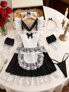 1套蕾絲性感風制服女僕圍裙睡裙，夜店酒吧裝扮服 - 黑色 - 查看 1
