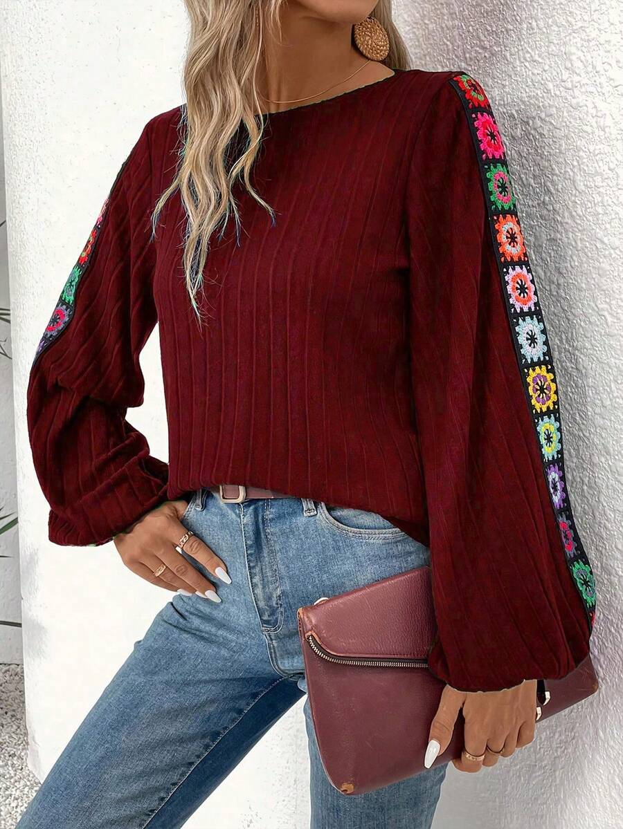 YI XUAN Women's Boho Embroidered Long Sleeve Blouse Round Neck Textured Shirt Colorful Floral Embroidery On Sleeve Casual Fall Daily Wear Tops