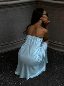 EARO Women's Short Dress, Strapless Design, Anti-Slip Strip Craftsmanship, Satin, Back To School And Graduation Season Outfit Elegant Summer - Mint Blue-green - View 3