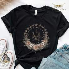 Vintage Medal T-Shirt: Boho Jungfrau Maria Catholic T-Shirt Summer Top - Black - View 1