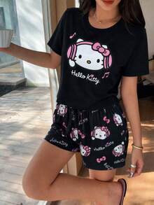 SANRIO KT猫咪耳机印花三件套家居服：露脐上衣+长裤+短裤，亲肤舒适面料，宽松版型，适合日常、居家和休闲穿着。 - 黑色 - 查看 3