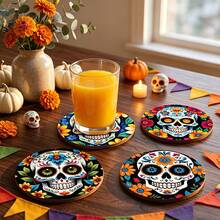 1pc Day Of The Dead Flower Sugar Skull Drink Coaster, Round Ceramic Coaster, Skull And Flower Pattern, Suitable For Coffee Cups, Beer Cups, And Kitchen And Dining Room Home Decoration - Multicolor - View 1
