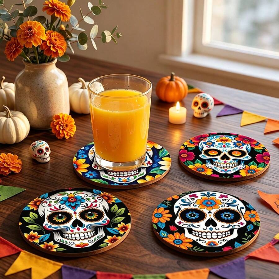 1pc Day Of The Dead Flower Sugar Skull Drink Coaster, Round Ceramic Coaster, Skull And Flower Pattern, Suitable For Coffee Cups, Beer Cups, And Kitchen And Dining Room Home Decoration - Multicolor - View 1