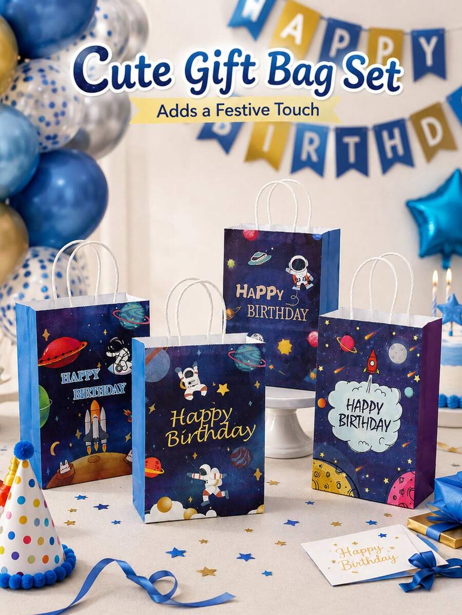 4 piezas Bolsas de regalo de papel con estampado de astronauta y planeta con asas, bolsas de recuerdos de fiesta con tema de galaxia y espacio exterior, bolsas de embalaje de regalo de feliz cumpleaños, adecuadas para dulces y aperitivos, suministros de decoración de fiesta temática - Multicolor - Ver 1