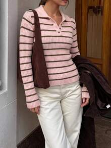 VIBEWAVE Pink & Green Colorblock Ribbed Polo Collar Half-Button Ribbed Knit Short Top Women Spring Autumn Vintage Casual Daily Commute Slim Fit Long Sleeve Blouse - Multicolor - View 4