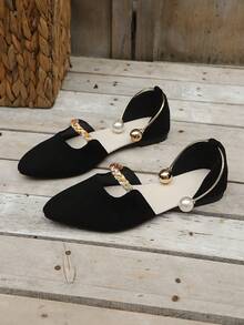 Women's New Pearl Ring Metal Flat Hollow Pointed Toe Low-Top Casual Beach Shoes - Black - View 6