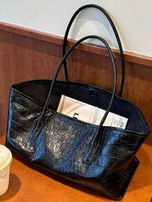 黑色鱷魚壓紋PU皮革托特包，大容量柔軟肩背手提包，適合女性通勤與工作 - 黑色 - 查看 3