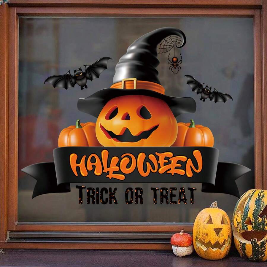 1件裝萬聖節南瓜女巫帽窗貼「Trick Or Treat」蝙蝠蜘蛛靜電吸附窗貼,適用於室內居家萬聖節派對窗戶裝飾 - 彩色 - 查看 1