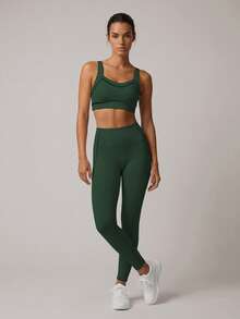 Sodalemon Women Velvet Trim Sport Set Backless V-Neck Gym Bra No Front Seam Velvet Side Lift Buttocks Yoga Leggings Workout Running Training 2 PCS Sets - Olive Green - View 5