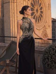 VIPGIRL Women's Elegant Alluring Black Long Formal Evening Dress, Sleeveless, Decorated, Slit Design Wedding Party Fall - Black - View 1