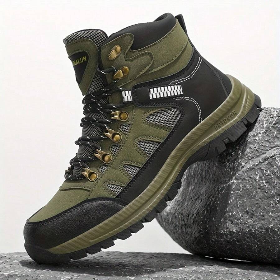 STARNOVO Men's Patchwork High-Top Hiking Boots, Breathable Mesh Material, Non-Slip Wear-Resistant Sole, Lace-Up Design, Suitable For Outdoor Hiking And Walking On Mountain Trails - Green - View 1
