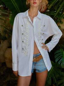 Women's White Polyester Long Sleeve Stand Collar Shirt, Decorated With Rivet Double Buttons, Regular Length, Medium Stretch Casual Top - White - View 5