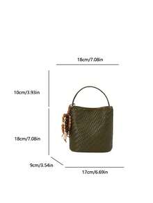 Mini‑Woven Handbag For Women, Compact Top‑Handle Purse With Beaded Pendant, Faux‑Leather Texture, Vintage Casual Hand‑Held Bag For Daily Street‑Wear - Dark Green - View 4