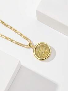 1PC Women's Rotating Round St. Michael The Archangel Pendant Necklace, 14K Gold Plated Copper Material, Rotating Round St. Michael The Archangel Pendant Necklace, Radiating Embossed Sword-Holding Angel Portrait Design Paired With Classic Figaro Chain, Suitable For Christmas/Thanksgiving/Halloween/Mother's Day/Valentine's Day/Couples/Friends/Fellow Believers Gift, Catholic First Communion, Gift, Daily And Holiday Wear For Prayer - Yellow Gold - View 4