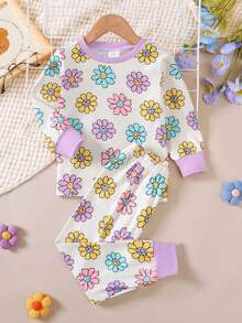 BrownBark Girls' Spring/Autumn Long Sleeve Home Wear Set, Colorful Face & Floral Print, Round Neck, Soft & Comfortable, Breathable Casual 2-Piece Set With Long Pants, 2-7 Years Old - Beige - View 3