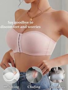 Front-Clasp Push-Up Bandeau Bra, Seamless Wire-Free Support Bandeau, Invisible Comfortable Padded Underwear, Suitable For Off-Shoulder Outfits - Pink - View 4