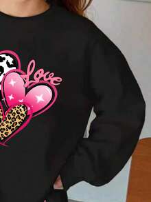 Girls Casual Loose Heart Print Sweatshirt Set, Suitable For Autumn/Winter, Young Girls Sports Outfit Set - Black - View 4