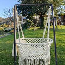 Boho Style Rope Hammock With Ruffle Tassels, Creamy Black Colours, For Indoor And Outdoor Use, Ideal For Bedroom, Balcony, Garden And Terrace, With Soft Cushion - B - View 8
