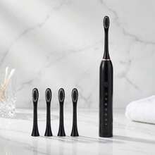 Escova De Dente Eletrica Recarregavel USB Sonica Impermeavel IPX7 Higiene Oral Portatil Bivolt Com Temporizador Automatico E Refis De Cerdas Macias Substituiveis - Preto - Visão 1