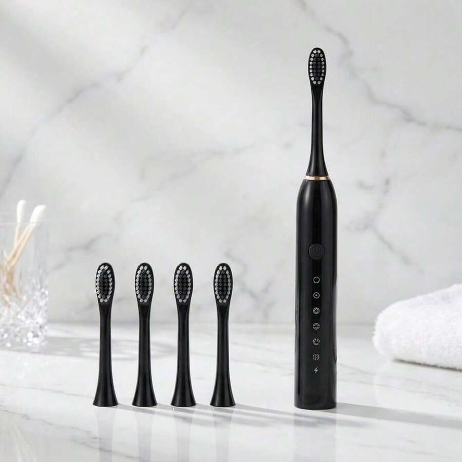 Escova De Dente Eletrica Recarregavel USB Sonica Impermeavel IPX7 Higiene Oral Portatil Bivolt Com Temporizador Automatico E Refis De Cerdas Macias Substituiveis - Preto - Visão 1