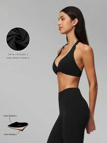 MFVIM 2pcs Set Neck-Hanging Backless Sports Bra & High-Waist Slimming Micro-Compression Peach Butt Cropped Yoga Pants For Women - Premium Black - View 5