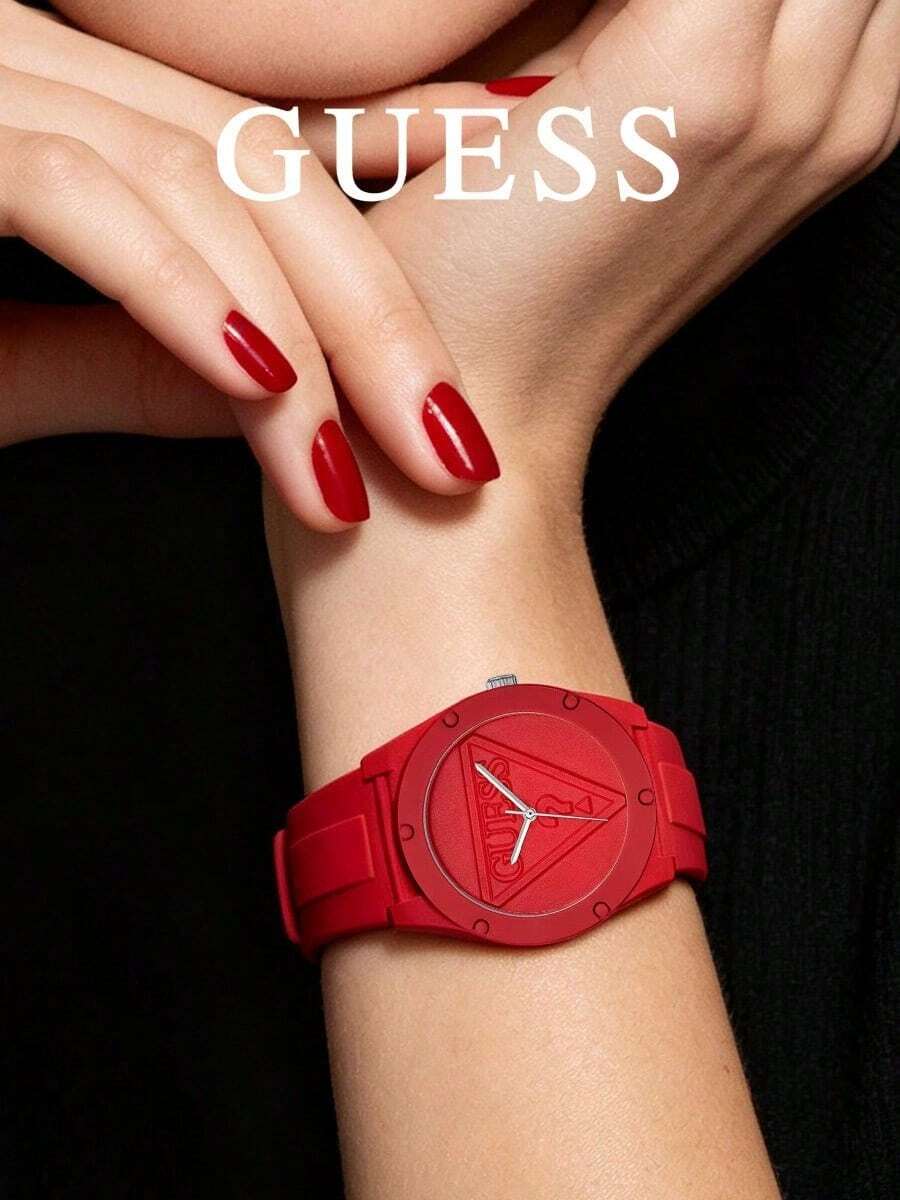 GUESS W0979L6 嬰兒藍女款石英腕錶，一體式矽膠錶帶，壓紋倒三角品牌標誌，42mm大錶盤，馬卡龍純色休閒中性學生手錶，生日禮物 - 紅色 - 查看 1
