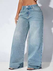 Low Waist Loose Casual Blue Diagonal Pocket Curved Hem Women's Denim Shorts Fall - Dusty Blue - View 4
