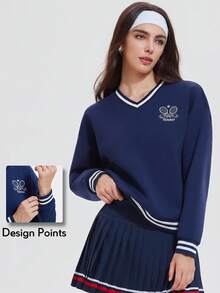 KyrLssu Women Striped Trim V Neck Sweatshirt, Tennis Racket Embroidery Loose Long Sleeve Pullover Top For Daily Outfit Matching - Navy Blue - View 1