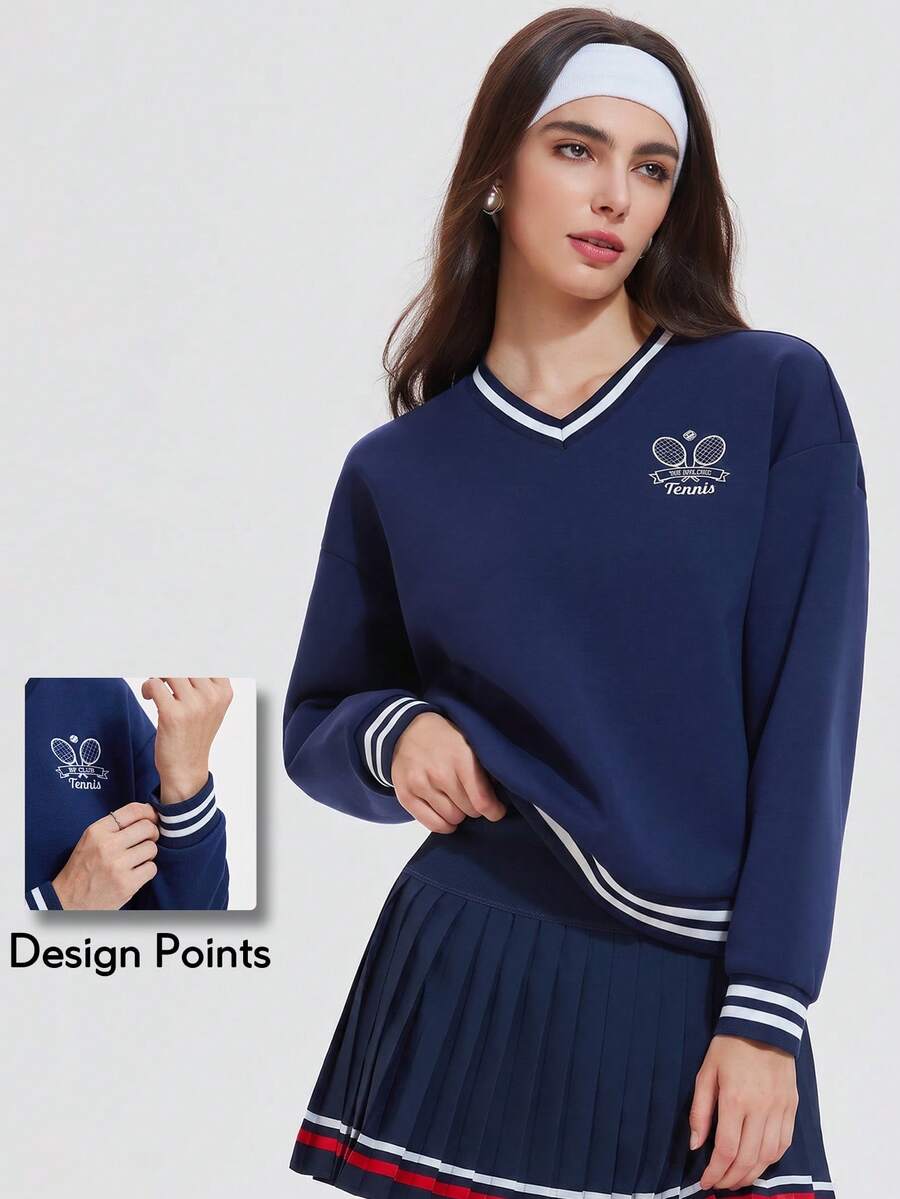 KyrLssu Women Striped Trim V Neck Sweatshirt, Tennis Racket Embroidery Loose Long Sleeve Pullover Top For Daily Outfit Matching - Navy Blue - View 1