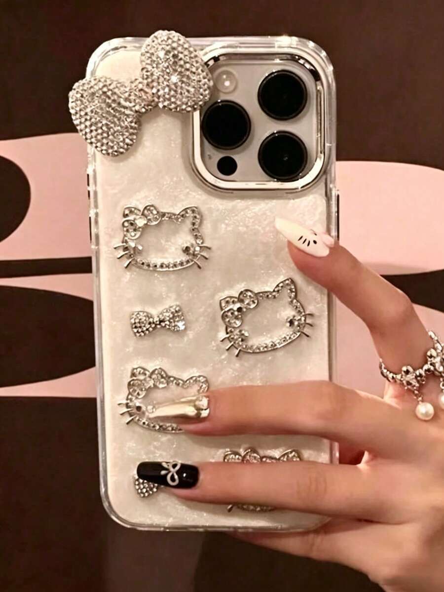 1pc Silver Glitter Epoxy Sanrio Cartoon 3D Rhinestone Bow Hello Kitty Full Coverage Luxury TPU Shockproof Phone Case Protective Cover For Women, Compatible With IPhone 11/12/13/14/15/16/17/PROMAX - Silver - View 1