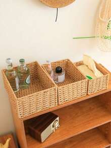 1pc/3pcs Premium Handmade Woven Paper Rope Rattan Storage Basket, Large Capacity Home Organization Box, Minimalist Space-Saving Design, Desktop Storage Box, Suitable For Cosmetics, Jewelry, Keys, Snacks, Books, Bedroom Living Room Decor - Khaki - View 2