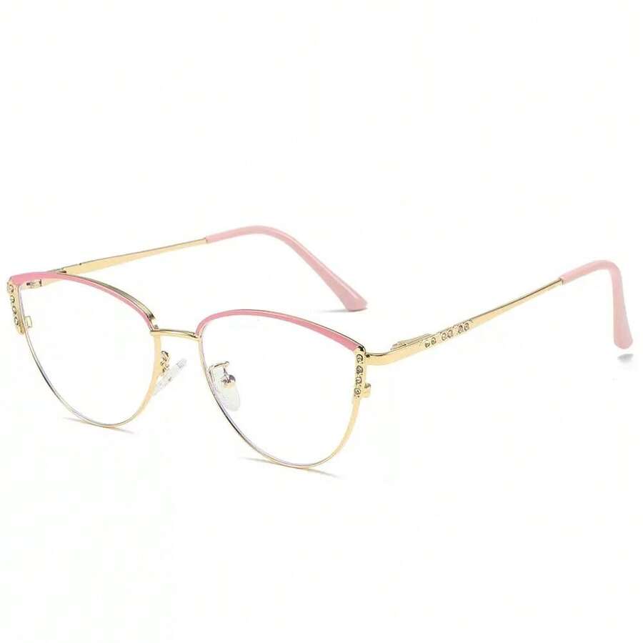 New Cat Eye Glasses Fashion Rhinestone Studded - Gold - View 1