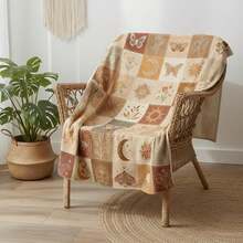 1PC Vintage Warm Brown Patchwork Sun Moon Moth & Plant Print Flannel Throw Blanket, Bohemian Style, For Home, Living Room, Sofa, Nap, Decorative Air Conditioning Blanket - Multicolor - View 7
