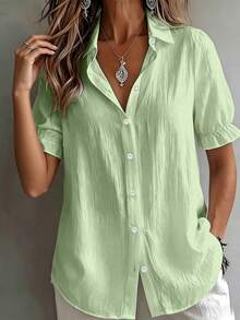 Plus Size Women's Fashion Green Button Short Sleeve Shirt, Vintage Style, Ruffle Short Sleeve Summer - Mint Green - View 3