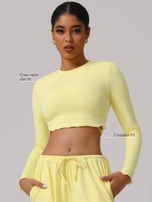 Sodalemon Women's Long Sleeve Fitness Sports T-Shirt, Round Neck Solid Color Running Yoga Cropped Top, Ruffle Hem, Pilates Workout Apparel - Yellow - View 2
